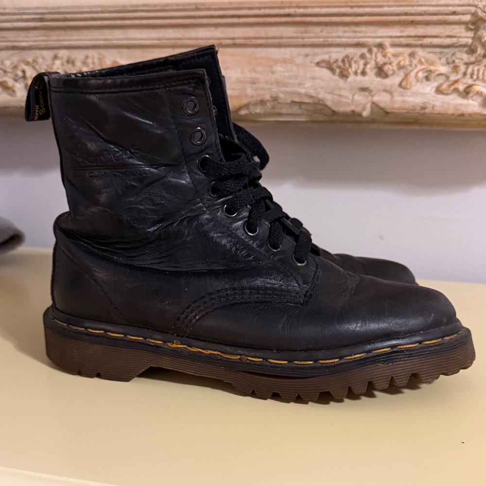 Dr. Martens Black Leather Lace-Up Combat Boots with Yellow Stitching (M5/W7)